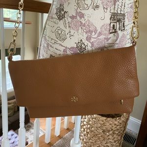 TB convertible to clutch handbag in iconic Camel